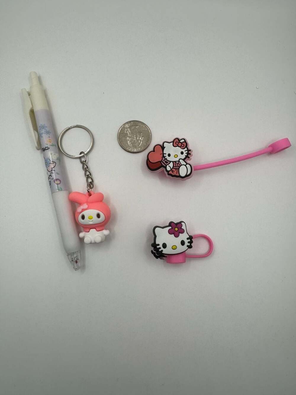 Sanrio My Melody Keychain and Hello Kitty Straw Cover/Charm Accessory Set